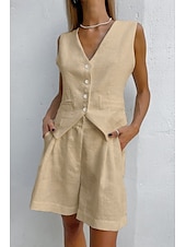 abordables Ensembles-Femmes Mode Streetwear Ensembles inspirés du lin Ensembles deux pièces Chemisier Sans manches Col en V Couleur Unie Dubbele Rij Knopen Sortir Décontracté Quotidien Blanche Bleu Orange Été Coupe