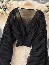billiga Dressiga toppar-Dam Blus Chiffong toppar Slät Stylish Långärmad Puffärm V-hals Crop Tops Helgdag Utekväll Rynkad Svart Vit Purpur Grön Vår