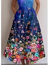 preiswerte Blumenkleider-Damen Midikleid Sommerkleid A Linie Kleid Rückenfreies Kleid Urlaub Lässig Ausgehen Normale Passform Ombre Blumen Grafik Ärmellos U-Ausschnitt Blau Sommer