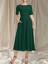 abordables Longueur du thé-Robe Mère de la Mariée A-Line Invité de Mariage Élégante Col Arrondi Longueur Thé Chiffon Manches Courtes avec Perles Appliques Robe Midi 2025