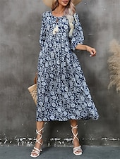 economico Abito Floreale-Abito Midi Donne Abito A Line Abito Fit And Flare Bohemia Vacanza Maniche A Lanterne Casual Quotidiano Fit Regolare Grafica Mezza Manica Collo a V Blu Navy Estate Primavera
