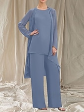 baratos Comprimento do chão-Macacão  Conjunto de Calça 3 Peças Mãe da Noiva Vestido de Convidada de Casamento Elegante Gola Redonda Comprimento Total Chiffon Manga Longa com Babados