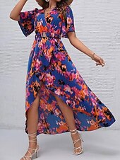 preiswerte Blumenkleider-Damen Midikleid Corsagenkleider A Linie Kleid Figurbetontes Kleid Urlaub Ausgestellter Ärmel Urlaub Täglich Strand Regular Fit Graphic Kurzarm V Ausschnitt Blau Grün Sommer