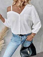 preiswerte Damen Einfache Oberteile-Damen Hemd Einfarbig Stilvoll Lässig Langarm Hemdkragen Normale Oberteile Täglich Knöpfe Tasche Schwarz Weiß Grün Aprikose Sommer