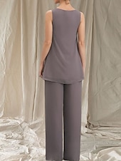 baratos Comprimento do chão-Macacão  Conjunto de Calça 3 Peças Mãe da Noiva Vestido de Convidada de Casamento Elegante Gola Redonda Comprimento Total Chiffon Manga Longa com Babados