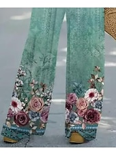 abordables Ensembles-Ensemble 2 pièces Femme Basique Néon  Lumineux Chemise Blouse Lin semblable Manches 3/4 Col en V Imprimé floral Décontracté Vert Été Coupe régulière