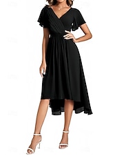 baratos Vestidos para Madrinhas-Linha A Vestido de Madrinha Decote V Manga Curta Elegante Assimétrico Chiffon com Franzido 2022