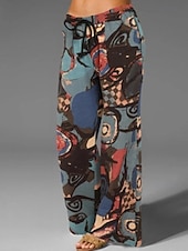 baratos Calça de linho de algodão simples-Mulheres Calças de linho de algodão Calças Calça Palazzo Moda Roupa de rua Comprimento total Natural Floral Estampado Design de cordão elástico Confortável Exterior Rua Roupa Diária Para Noite