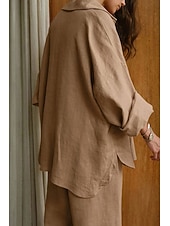 cheap Essential Faux Co-ord Sets-Women's Shirt Two Piece Sets Pants Sets Long Sleeve Shirt Collar Solid Color Dubbele Rij Knopen Fashion Basic Vacation Casual Daily White Red Dark Navy Summer Regular Fit