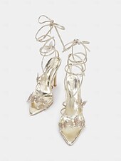 Χαμηλού Κόστους Σανδάλια με τακούνι-Γυναικεία πέδιλα στιλέτο με κορδόνια πεταλούδα – ψηλοτάκουνα στρας για πάρτι και χορό