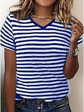abordables T-shirt rayé et géométrique-T-shirt femme rayé océan décontracté manches courtes col V hauts réguliers quotidiens sorties week-end imprimé bleu été