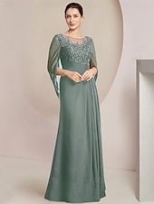 economico Lunghezza del pavimento-Abito Sheath Madre della Sposa Abito Elegante Collo Gioiello Lunghezza Piena Chiffon Manica Mezza con Pizzo Drappeggiato Laterale a Colore Solido taglia personalizzata gratuita