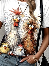 economico Maglietta Animali-Per donna Maglietta Grafico Animale Gallo Casual Di tendenza Manica Corta Girocollo Top Regolari Quotidiano Stampato Bianco Estate