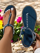 billiga Semester Sandaler-damsandaler i denim strass med t-remmar – platta sommarsandaler för lediga sommaren för strand, semester och vardagsbruk