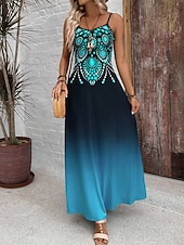 tanie Sukienki boho-Damskie Sukienka maxi Codzienne sukienki Sukienka A line Letnie sukienki Sukienka na ramiączkach Urlop Zabytkowe Etniczne Codzienny Regularny Ombre Graficzny Bez rękawów W serek Niebieski Lato Wiosna