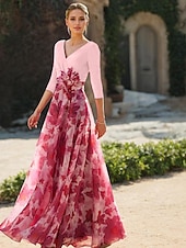 cheap Floor Length-Beach Wedding A-Line Mother of the Bride Dress Formal Wedding Guest Elegant V Neck Floor Length Chiffon 3/4 Length Sleeve with Flower Wedding Guest Dress 2025 free custom size