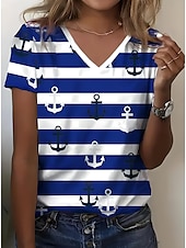 billige Stripe og geometrisk t-skjorte-Påske Dame T skjorte hav Stripet Fritid Kortermet V-hals Vanlige topper Daglig Ut på byen Helg Trykt mønster Rød Blå Sommer