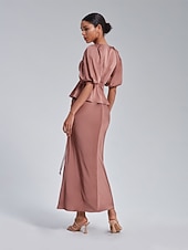 preiswerte Damenrock-Damen Midi Satin Rosa Röcke Sommer Frühling Vorne binden Rüschen Kordelzug Hoher Taillenbund Elegant Urlaub Modisch Tragen Sie, um zu arbeiten Wochenende Arbeitsmode XS S M