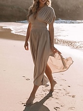 preiswerte Blumenkleider-Damen Langes Kleid Maxikleid Weißes Kleid Freizeitkleid Schwingkleid Sommerkleid Mode Modern Täglich Ferien Strand Normale Passform Einfach Kurzarm V Ausschnitt Burgunderrot Marineblau Braun Aprikose