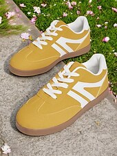 abordables Baskets femme-Baskets basses rétro jaunes pour femmes - Chaussures décontractées à lacets vintage, confortables au quotidien pour un style urbain et extérieur