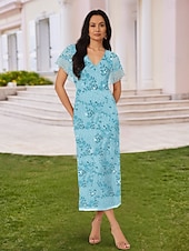 baratos Comprimento do chão-Vestido Mãe da Noiva Sheath  Coluna Vestido de Pérolas Elegante Plus Size Decote em V Comprimento do Chão Chiffon Renda Tule Manga Curta