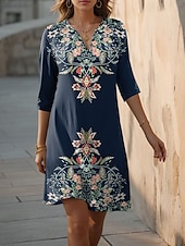 abordables Robe Boho-Robe Mini Femme Robe Shift Formelle Vacances Quotidien Ajustement Régulier Floral Graphique Manches 3/4 Col V Bleu Violet Vert Été Printemps