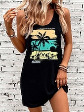 preiswerte Hawaiian-Kleider-Damen Minikleid A Linie Kleid Sommerkleid Schulterfreies Kleid Urlaub Lässig Lässiger Schnitt Grafik Blatt Ärmellos U-Ausschnitt Schwarz Sommer