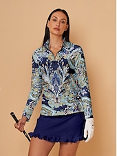 preiswerte Polos und Quarterzips-Damen poloshirt Meerblau Weiß Rosa Langarm Sonnenschutz Shirt Paisley-Muster Herbst Winter Damen-Golfkleidung, Kleidung, Outfits, Kleidung