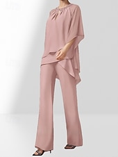 abordables Longueur du plancher-Ensemble Deux Pièces Combinaison Robe de Mère de la Mariée Invité de Mariage Élégante Col Montant Longueur de Sol Crêpe Manches 3/4 Avec Ruchés Perles 2025