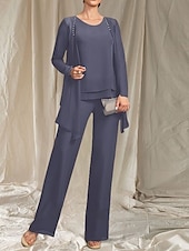 cheap Floor Length-Jumpsuit / Pantsuit 3 Piece Mother of the Bride Dress Wedding Guest Elegant Crew Neck Floor Length Chiffon Long Sleeve with Beading