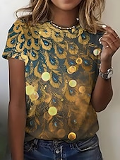 cheap Animals tee-Women&#039;s T Shirt Ombre Graphic Feather Casual Short Sleeve Round Neck Regular Tops Daily Going out Weekend Print Grass Green Sage Green White Yellow Dark Green Summer