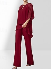 abordables Longueur du plancher-Ensemble Deux Pièces Combinaison Robe de Mère de la Mariée Invité de Mariage Élégante Col Montant Longueur de Sol Crêpe Manches 3/4 Avec Ruchés Perles 2025