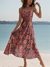tanie Sukienki boho-Damskie Sukienka maxi Sukienka letnia Sukienka A line Sukienka na ramiączkach Codzienny Plaża Regularny Graficzny Zabytkowe Artystyczny Bez rękawów W serek Cienkie ramiączka Wino Lato Wiosna