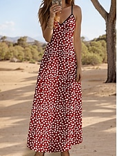 economico Arte &amp; Design Abiti-Abito Maxi Donna Abito estivo Abito a A Abito sottoveste Vacanza Casual Quotidiano Spiaggia Taglio Regolare Grafico Pois Senza maniche V Collo Bordeaux Estate Primavera