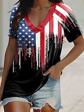 cheap Independence Day Top-Independence Day Women&#039;s Patriotic Fourth of July T Shirt Flag Casual Red White And Blue Short Sleeve V Neck Regular Tops Daily Print Black Blue Summer