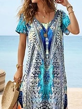 billige Boho-kjoler-Dame Midikjole Solkjole Kjole med A-linje Ferie Fritid Bohem Sommerfugl Feriereise Strand Normal Nyanse Grafisk Paisly Kortermet Crewneck Blå Sommer