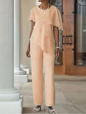 preiswerte Hosenanzüge für Mama-Zweiteiliger Jumpsuit  Hosenanzug Brautmutter Hochzeitsgast Elegant Plus Size Schmuckkragen bodenlang Chiffon kurze Ärmel mit kaskadierenden Rüschen
