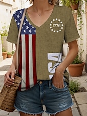 economico T-shirt stagionale-T-Shirt da Donna per il Giorno dell&#039;Indipendenza Grafica Bandiera Lettera Casual Maniche Corte Girocollo Top Regolari Quotidiano Stampa Nera Blu Marrone Estate Primavera