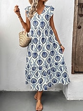 preiswerte Boho Kleider-Damen Maxikleid A-Linien-Kleid Fit and Flare Kleid Lässig Boho Urlaub Täglich Regelmäßige Passform Grafik Ärmellos V-Ausschnitt Blau Sommer