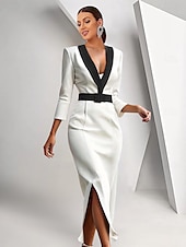 preiswerte Bodenlänge-Blazer-Kleid Meerjungfrau  Trompete Brautmutter Kleid Krepp Smoking Kleid Elegantes Hochgeschnittenes Schalkragen Bodenlang 3/4 Ärmeln mit Gürtel Farbblock Einfarbig 2025