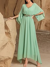 preiswerte Unter 129,99 $-Kleid Brautmutterkleid Elegant Lässig V Ausschnitt Bodenlang Polyester Dreiviertelarm mit Kristalle 2025