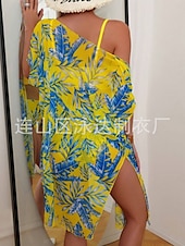 billiga Bikiniset-Kvinnors Baddräkter Bikini Tre Delad Troser Baddräkt Rygglös Mage Kontroll Hög Midja Slim Semester Strandkläder Löv V Nack Långärmad Baddräkter