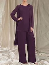 baratos Comprimento do chão-Macacão  Conjunto de Calça 3 Peças Mãe da Noiva Vestido de Convidada de Casamento Elegante Gola Redonda Comprimento Total Chiffon Manga Longa com Babados