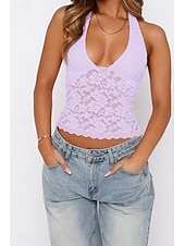 levne Krajkové topy-Dámské Tričko Halenka Bez vzoru Módní Na běžné nošení Bez rukávů Do V Crop Tops Víkend Krajka Slátanina Černá Bílá Fialová Léto