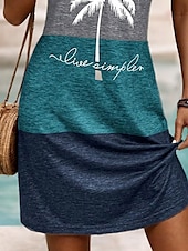 preiswerte Hawaiian-Kleider-Damen Mini Kleid A-Linien Kleid Sommerkleid Schulterfreies Kleid Urlaub Täglich Lockere Passform Grafik Buchstaben Tropisch Ärmellos U-Ausschnitt Dunkelblau Sommer Frühling
