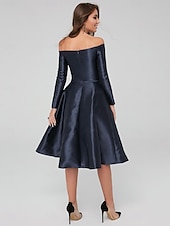 economico Abiti da cocktail-Abiti A-Line per occasioni speciali Abito elegante Ospite di matrimonio Festa di cocktail Lunghezza fino al ginocchio Maniche lunghe Off-Shoulder Seta con abiti plissettati