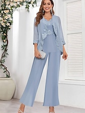preiswerte Hosenanzüge für Mama-Hosenanzug Brautmutterkleid Hochzeitsgast Elegant Einfach Rundausschnitt Bodenlang Polyester Langarm mit Einfarbig 2025
