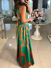 abordables Robes fleuries décontractées-Femmes Robe Longue Maxi Robe Robe évasée Robe à col licou Robe Imprimée Élégant Sortir Robe d&#039;Été Coupe régulière Fleuri Géométrique Sans manches Col Halter Blanche Orange Vert Beige Été