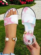 billiga Avslappnade sandaler-eleganta platta sandaler för kvinnor - snygga sommarskor med pärla ankelarmband, perfekt för stranden eller vardagsutflykter