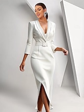 preiswerte Bodenlänge-Blazer-Kleid Meerjungfrau  Trompete Brautmutter Kleid Krepp Smoking Kleid Elegantes Hochgeschnittenes Schalkragen Bodenlang 3/4 Ärmeln mit Gürtel Farbblock Einfarbig 2025